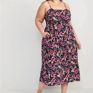Old Navy Waist-Defined Navy Floral Linen-Blend Smocked Midi Cami Dress 3x